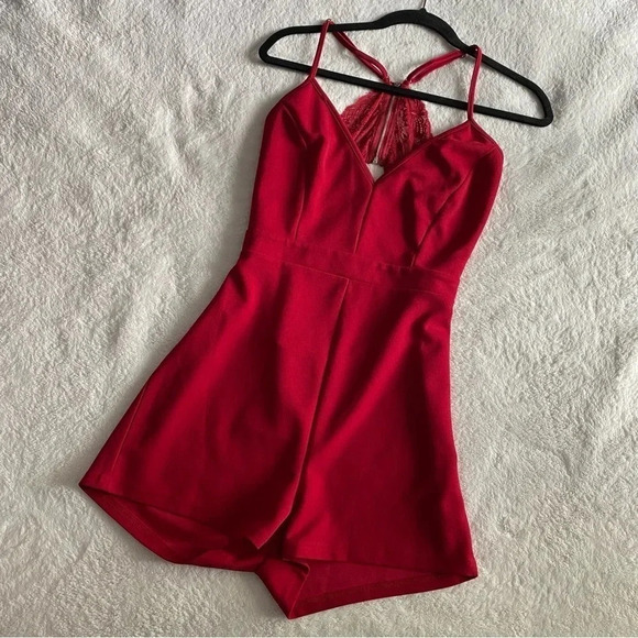 Red Lace Back Romper - Picture 2 of 8